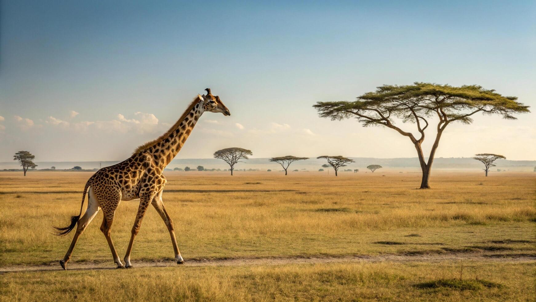 A giraffe walking across a field with trees in the background photo