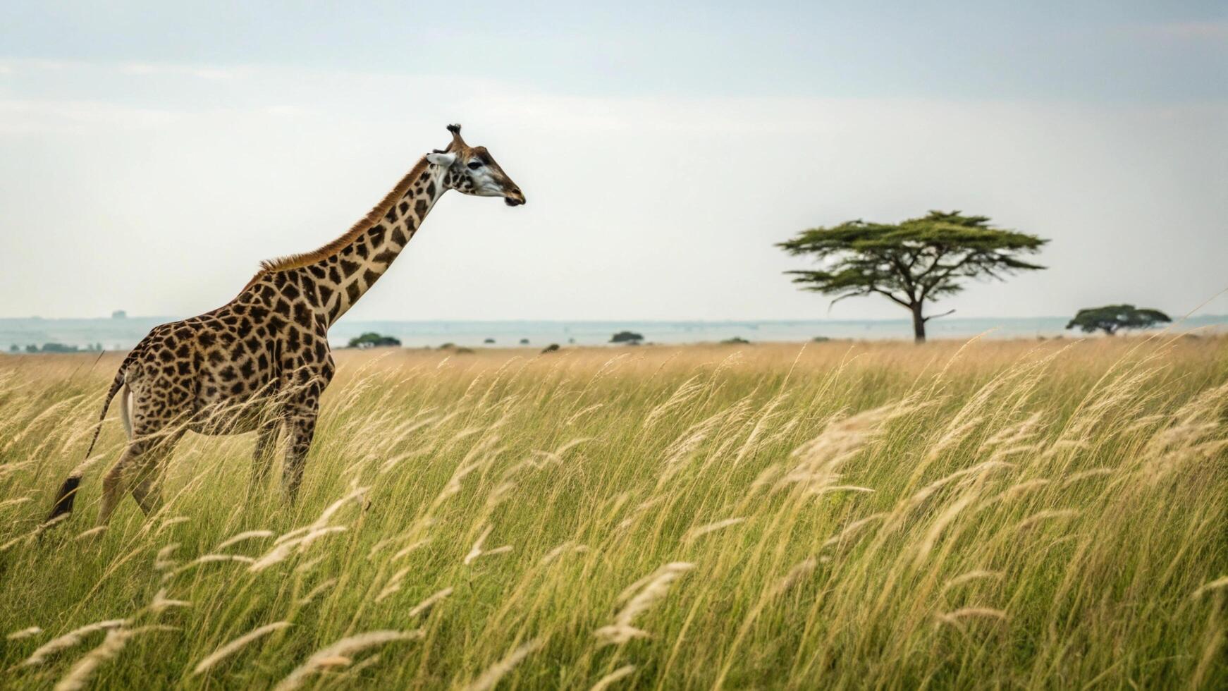 A giraffe standing in tall grass on a field photo