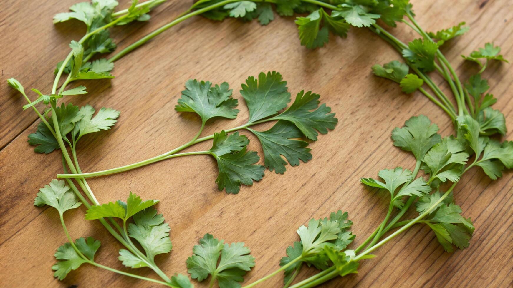 Coriander leaves are arranged in a circle on a wooden table photo
