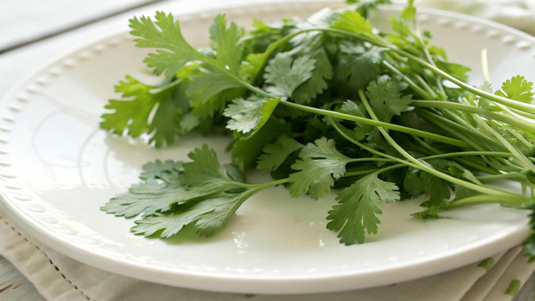 A white plate with fresh green herbs on it photo