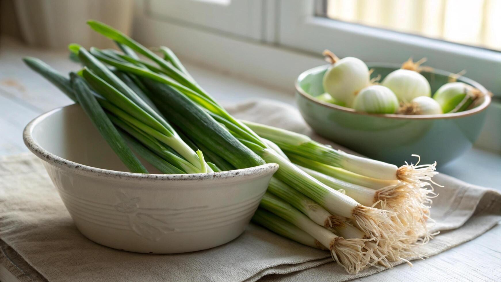 A bowl of green onions and a bowl of onions photo