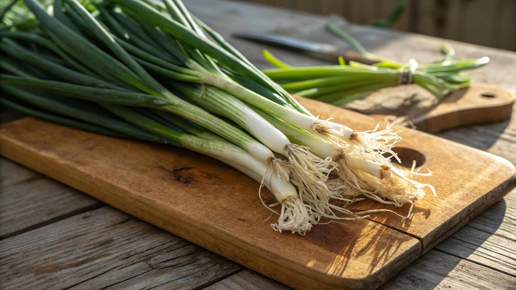 A bunch of green onions on a cutting board photo