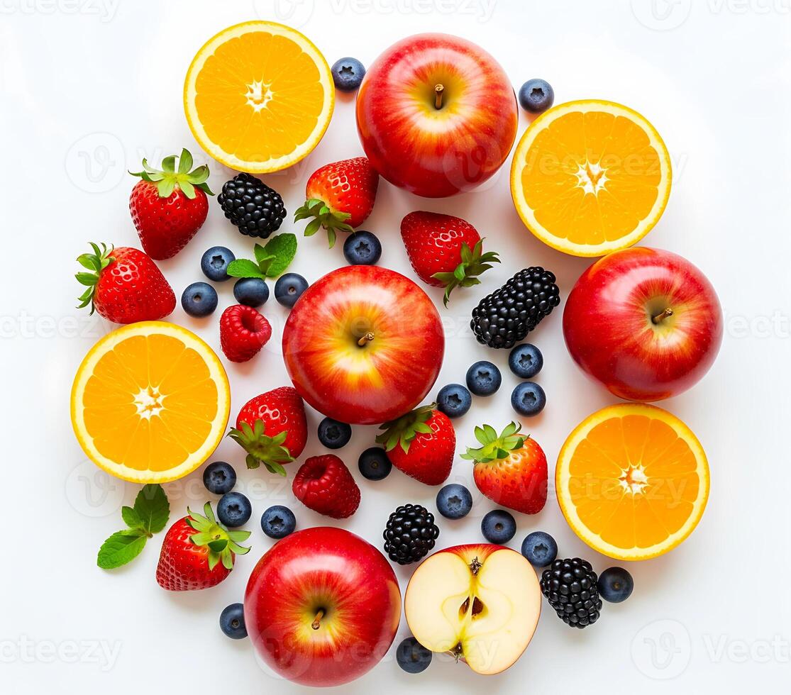 Colorful Assorted Fresh Fruits on White Background photo