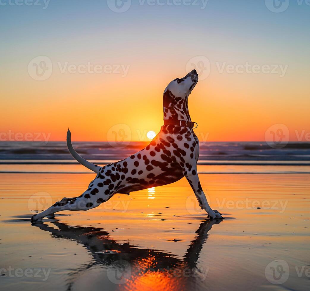 Dalmatian Dog Stretching on the Beach at Sunset photo