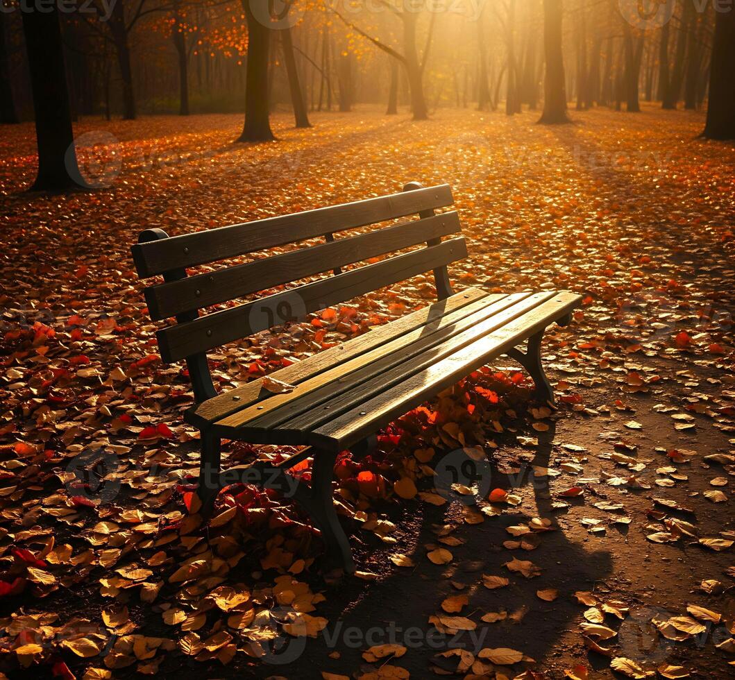 Empty Park Bench in Autumn Forest with Golden Leaves photo
