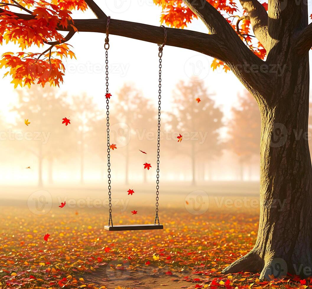 Empty Park Bench in Autumn Forest with Golden Leaves and Warm Sunlight photo