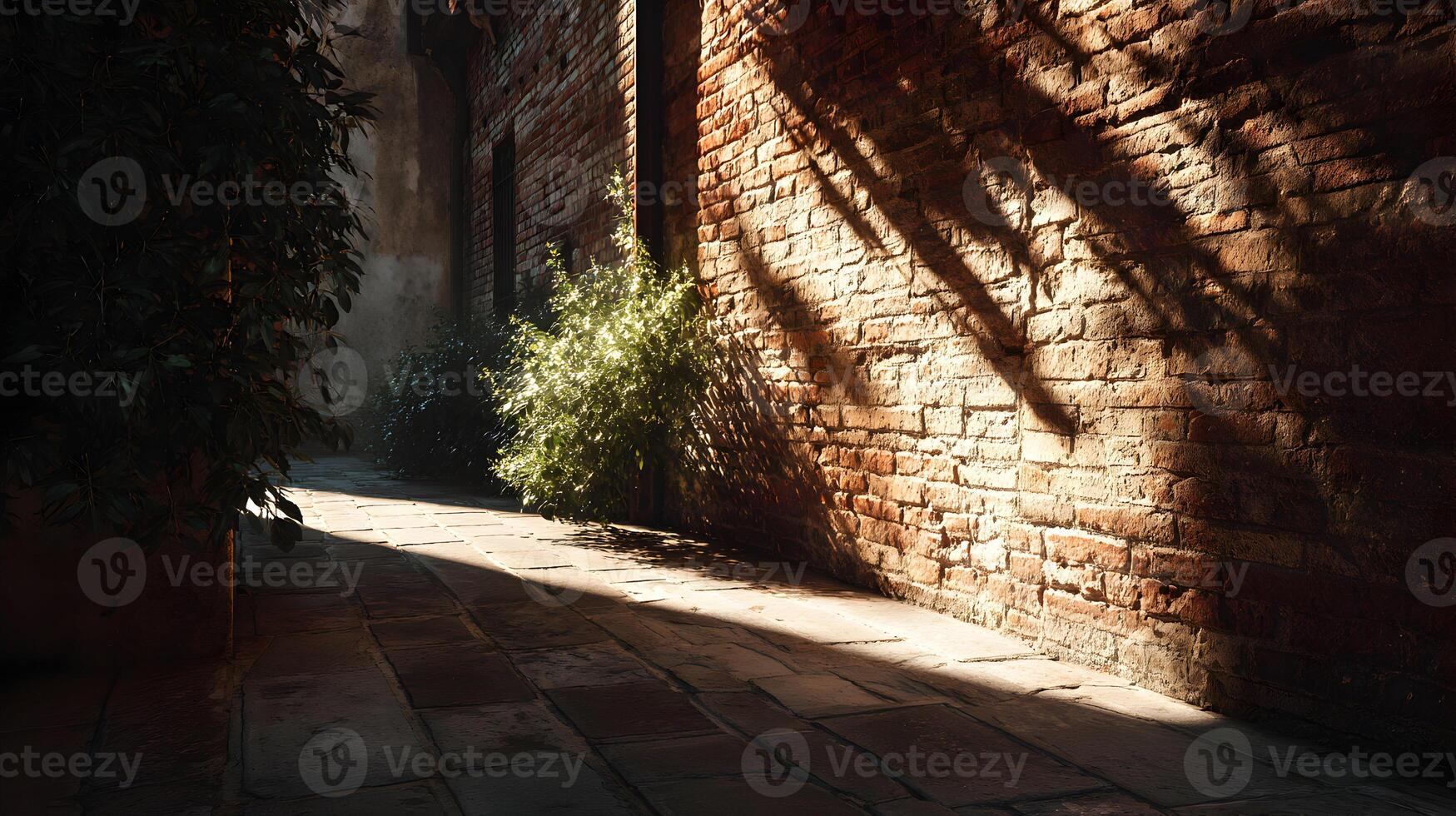 Sunlight on aged brick wall in a quiet alleyway, creating shadows with light contrast and textures photo