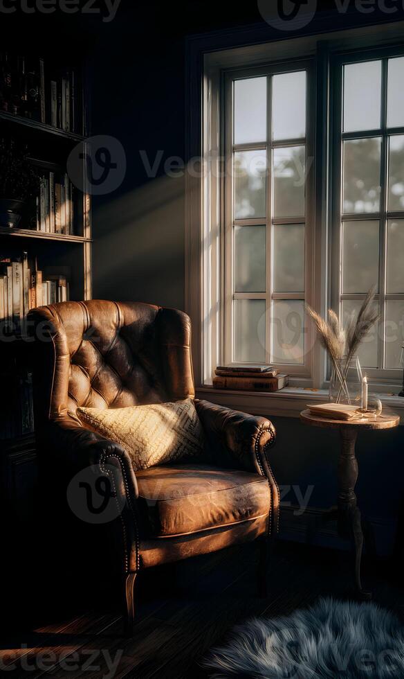 Sunlit serenity a cozy leather armchair by the window in a peaceful reading corner creating a warm atmosphere photo