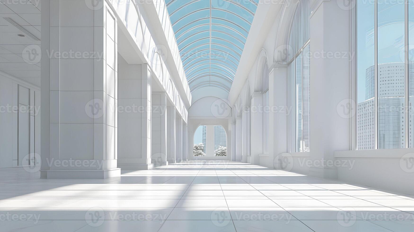Bright modern architecture with large windows and columns creating an airy open interior space photo