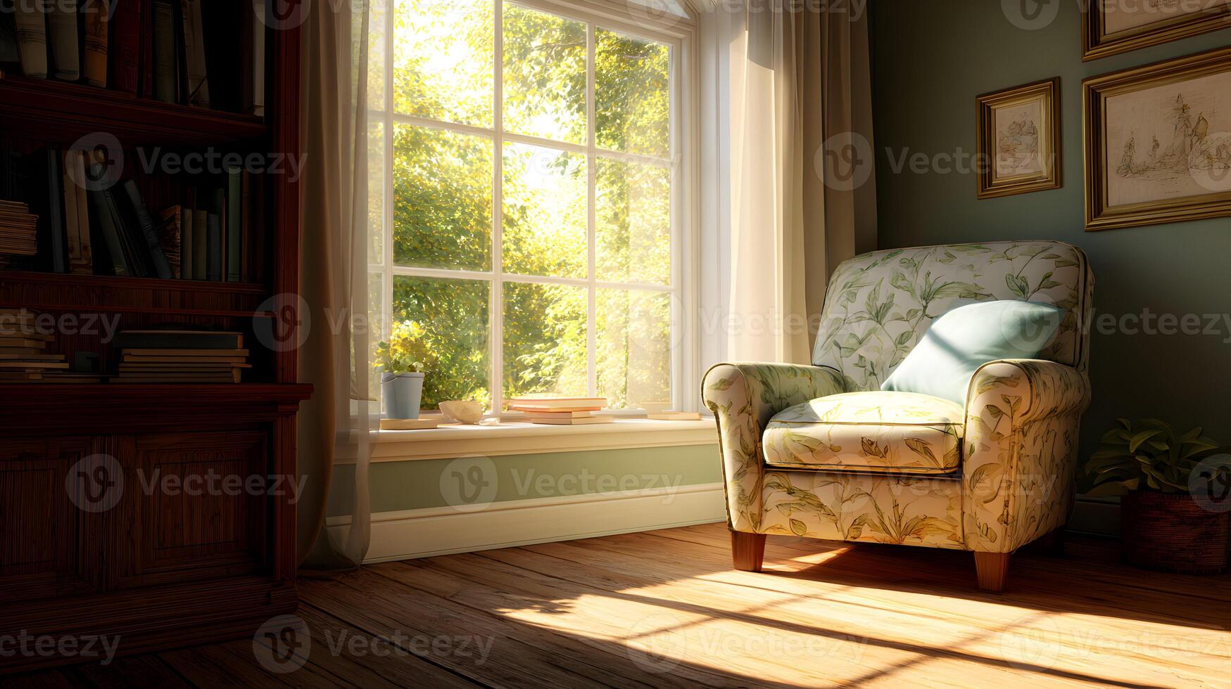 Serene reading nook with armchair bathed in warm sunlight and view of lush summer garden photo