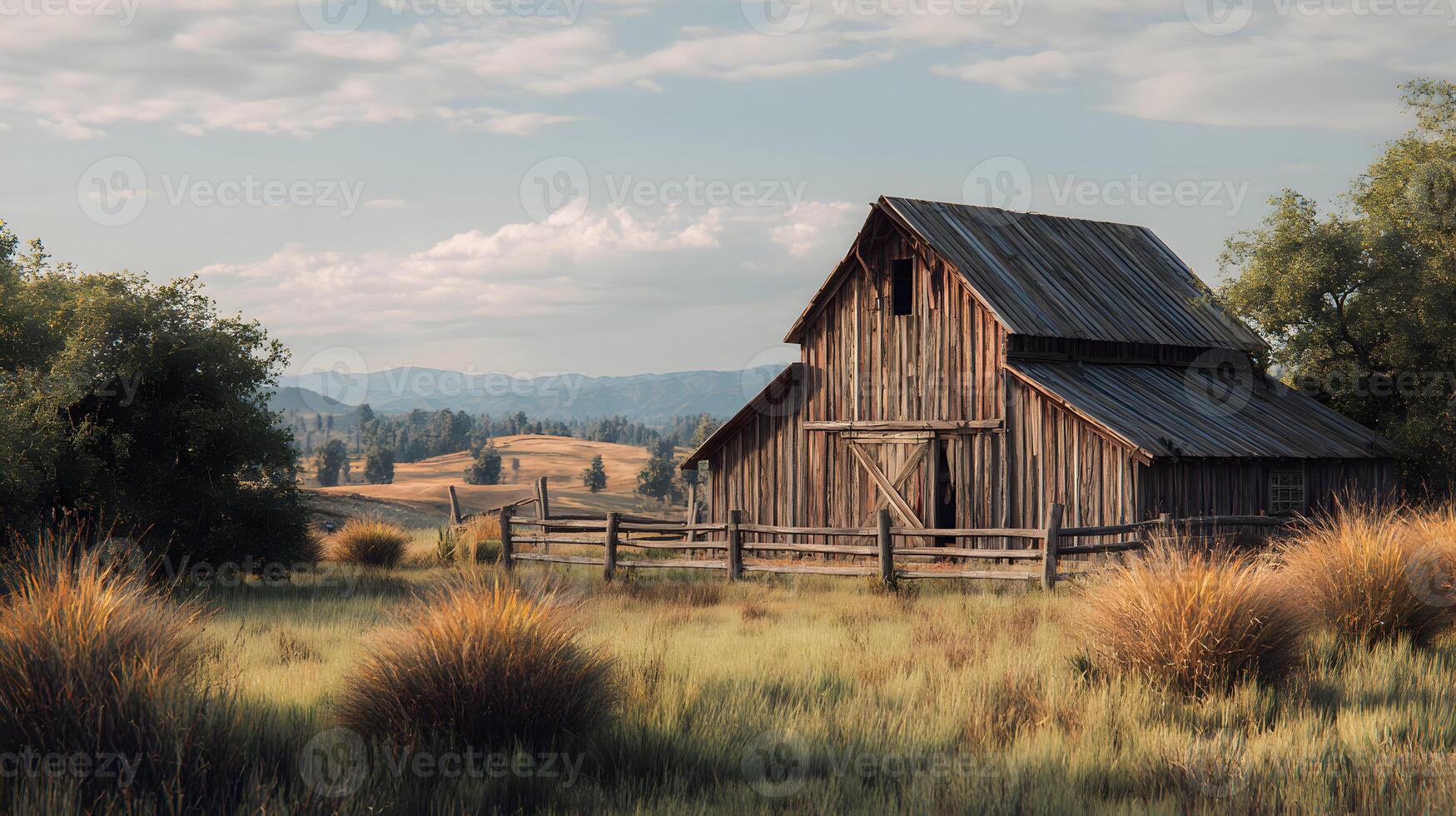 A weathered barn stands proudly amidst a golden field, its rustic charm blending with the tranquil landscape photo