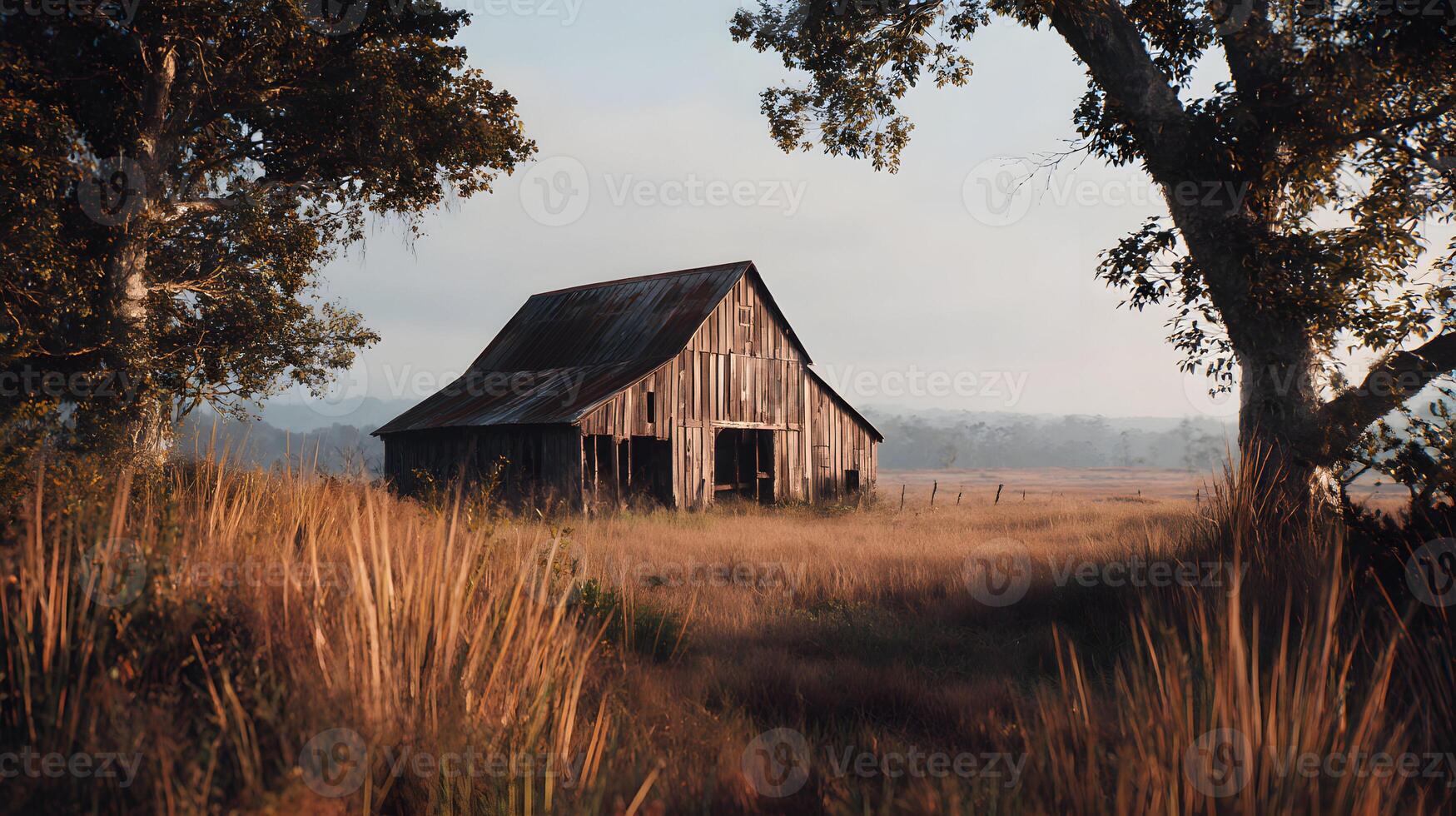 Rustic barn amidst golden grasses framed by trees evoking a sense of rural peace and history photo