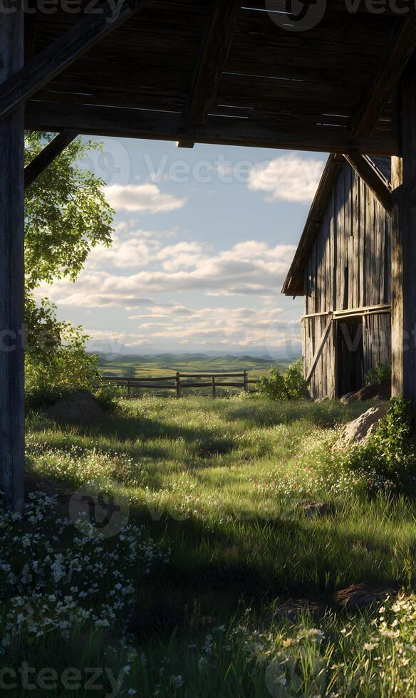 Rustic barnyard view captures the peaceful charm of rural life under a serene cloudy sky creating a sense of calm photo