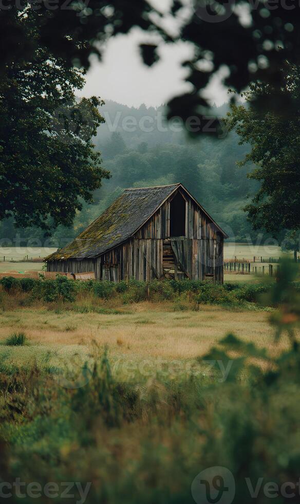 Rustic barn nestled in a serene meadow landscape evokes a sense of peaceful rural simplicity and natural beauty photo