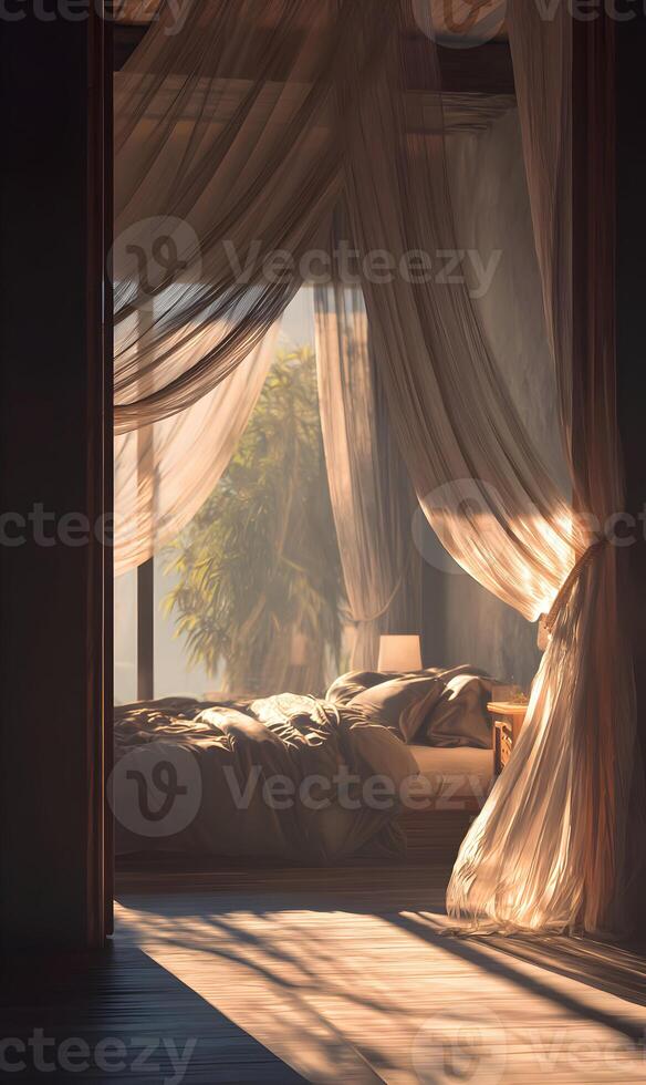 Serene morning sunlight filtering into a tranquil bedroom, draped in elegant sheer curtains and gentle light photo