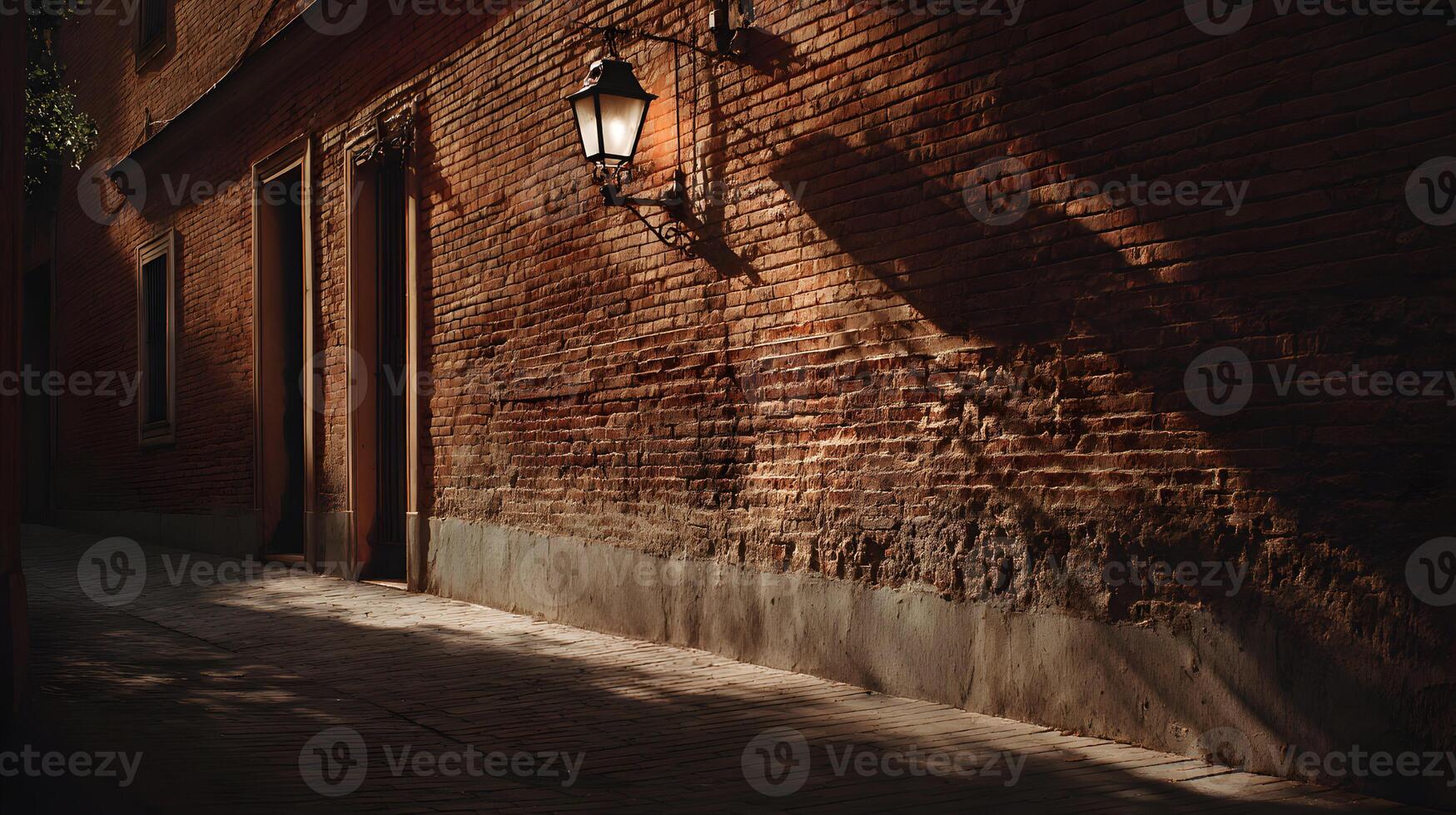 Historic brick building lit by a warm lantern on a quiet street casting interesting shadows patterns photo