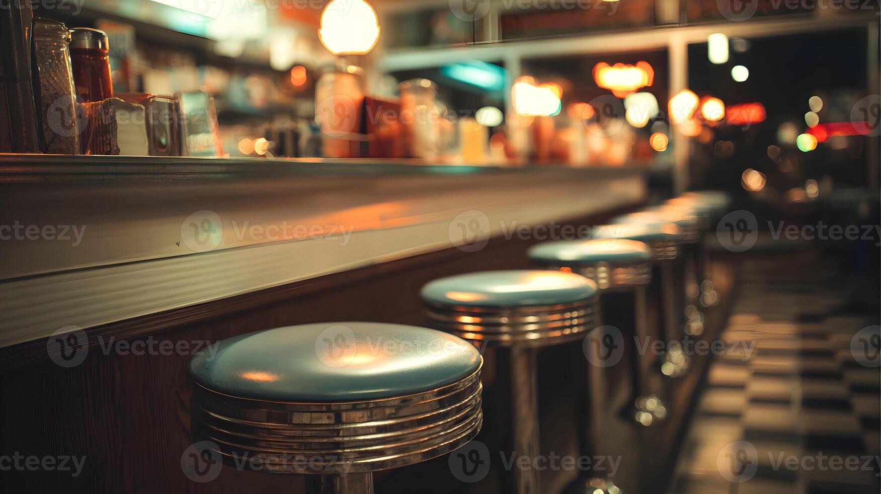 Atmospheric American Diner Interior Featuring Classic Stools and Warm Lighting Inviting Nostalgia and Comfort photo