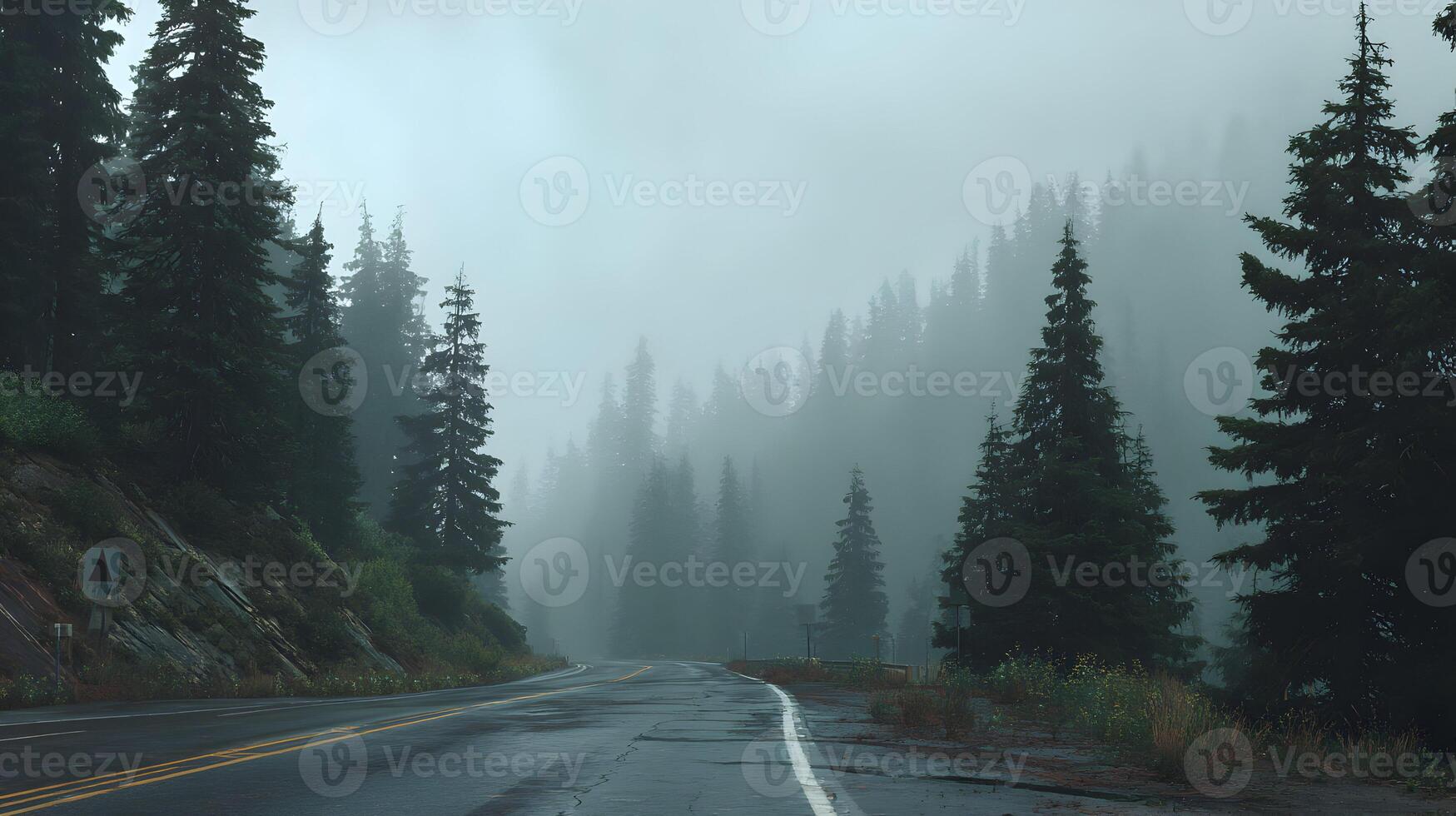 Misty road through a forest shrouded in fog with tall green trees and a winding path nature scene photo