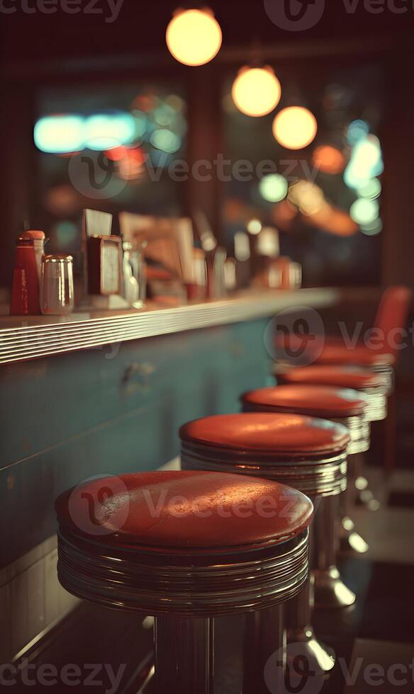 Retro diner scene captures the essence of classic American dining with vintage bar stools and soft lighting evoking nostalgia photo