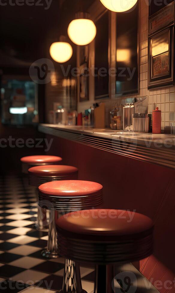 Retro diner ambiance with vibrant stools and checkered floor capturing a classic American setting nostalgia photo