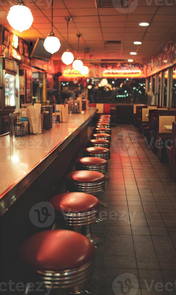 Diner interior with classic red stools and warm lighting evoking nostalgia and a retro atmosphere a vintage setting photo