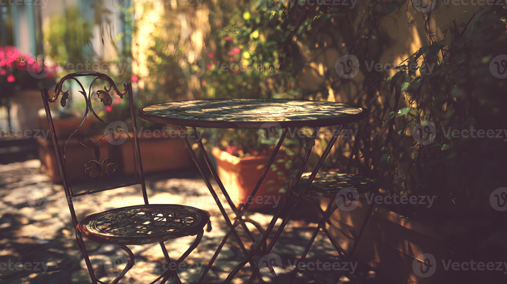 Vintage garden furniture on a sunny day creates a relaxing and peaceful outdoor scene photo