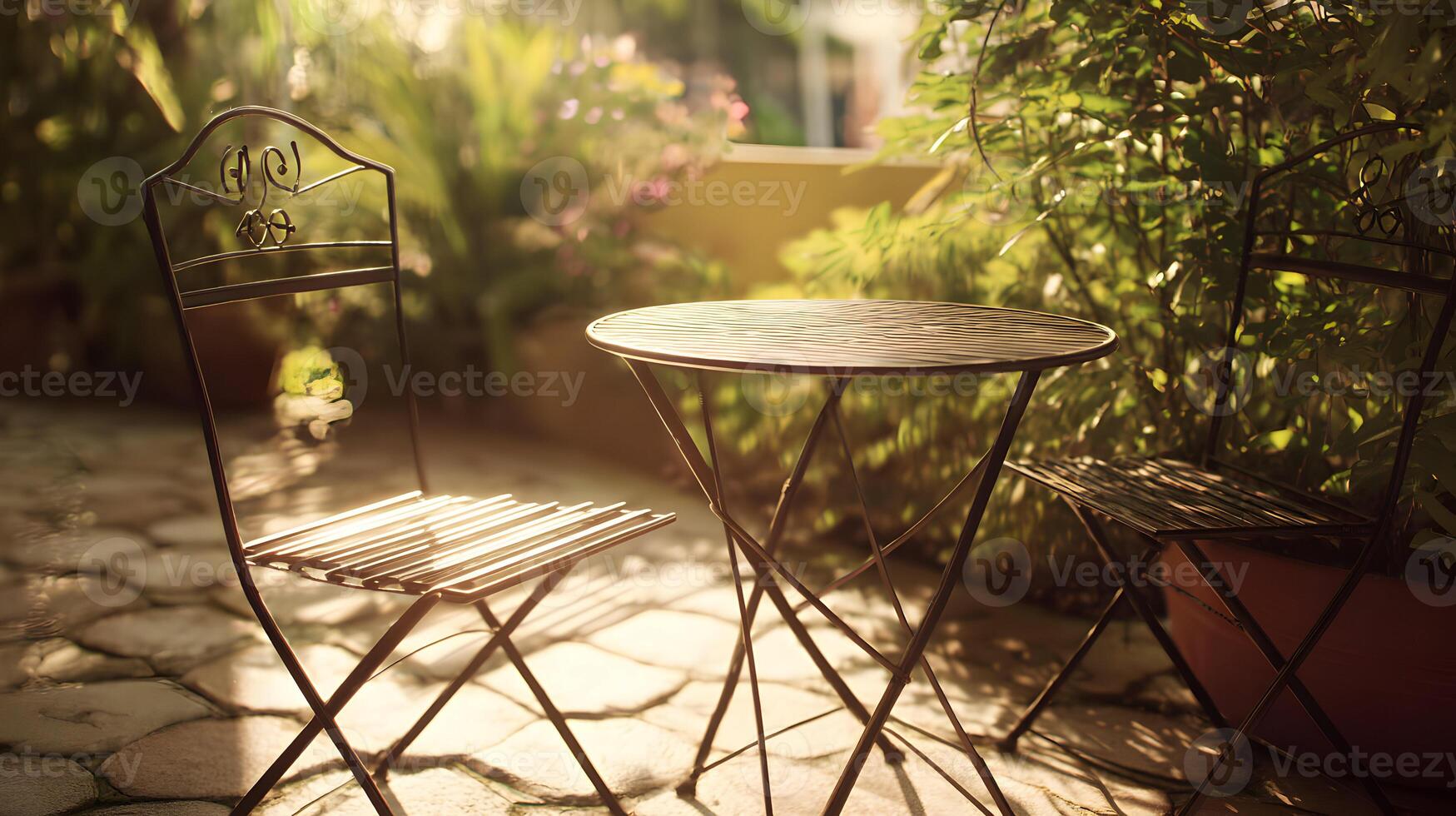 A cozy garden corner with metal chairs and a table under the warm sunlight inviting relaxation and peace photo