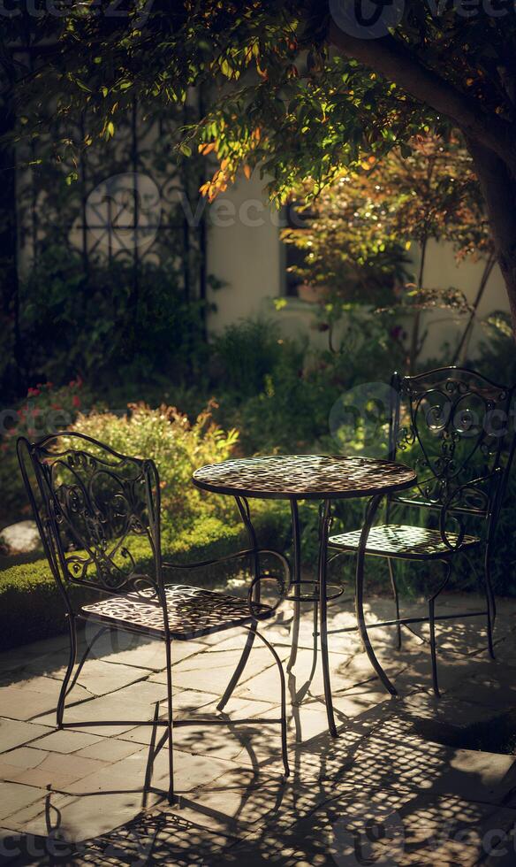 Secluded garden bistro set bathed in dappled sunlight offering a tranquil escape and peaceful atmosphere for relaxation and contemplation photo