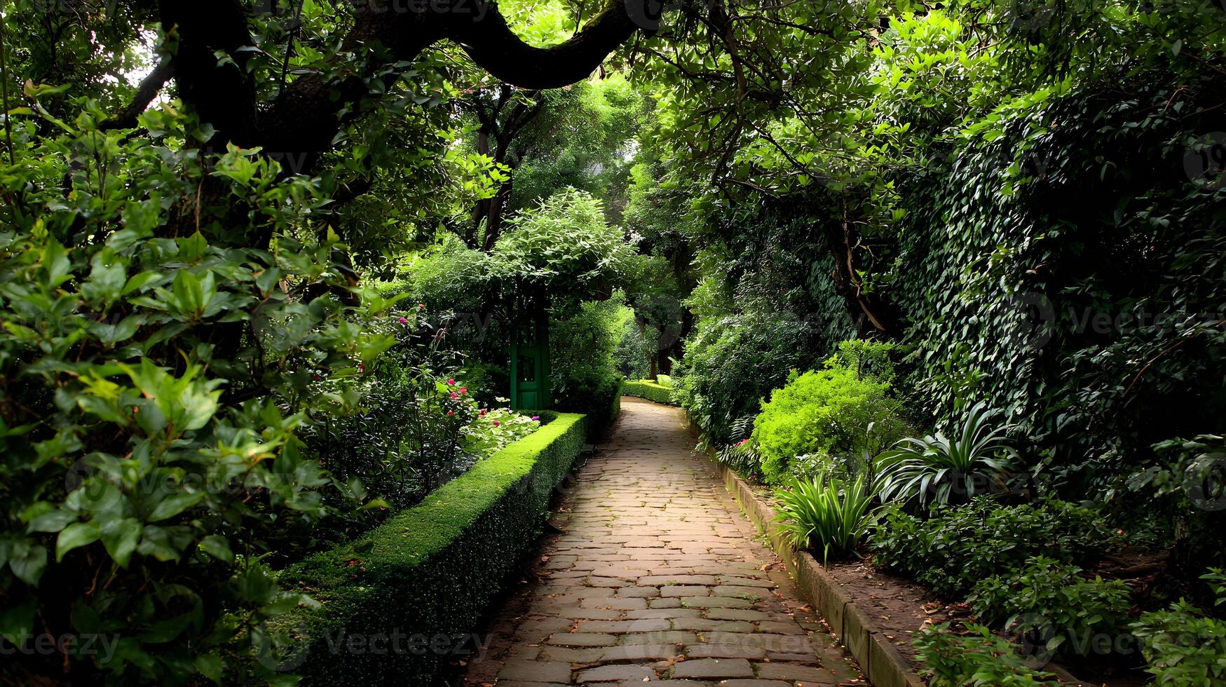 A winding pathway through a lush green garden creating a serene and peaceful atmosphere walk photo