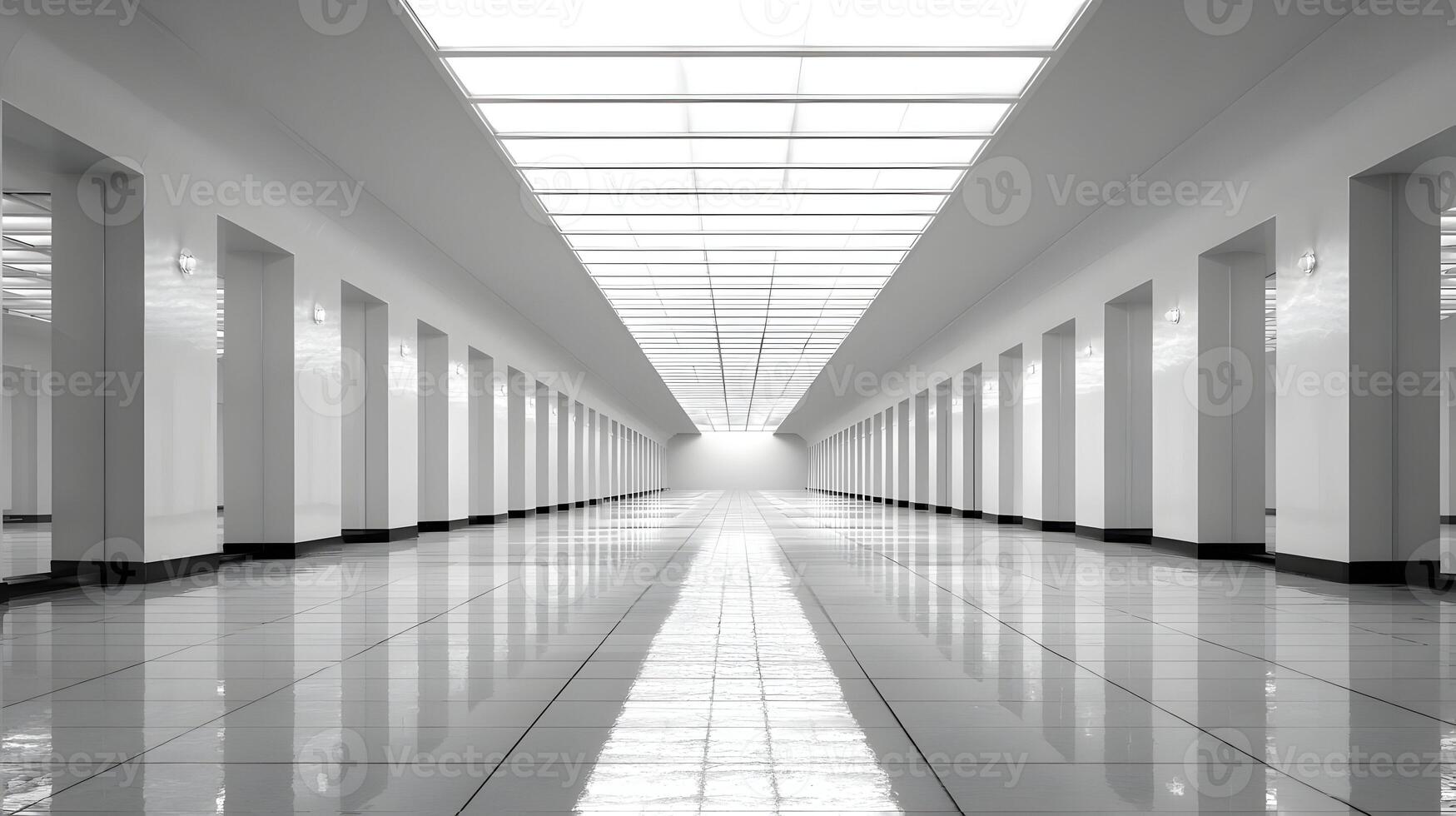 Perspective view of a bright white architectural hall with symmetrical columns and reflective floor photo