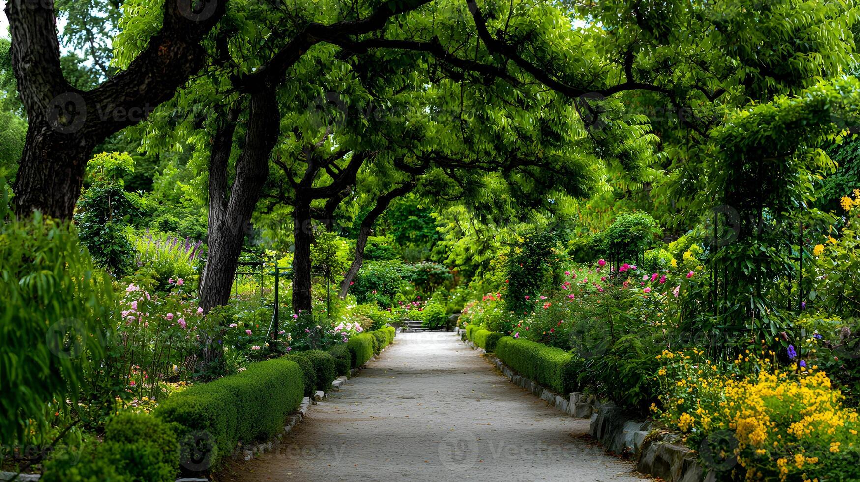 Pathway through a lush garden with vibrant flowers and trees providing a tranquil serene escape photo