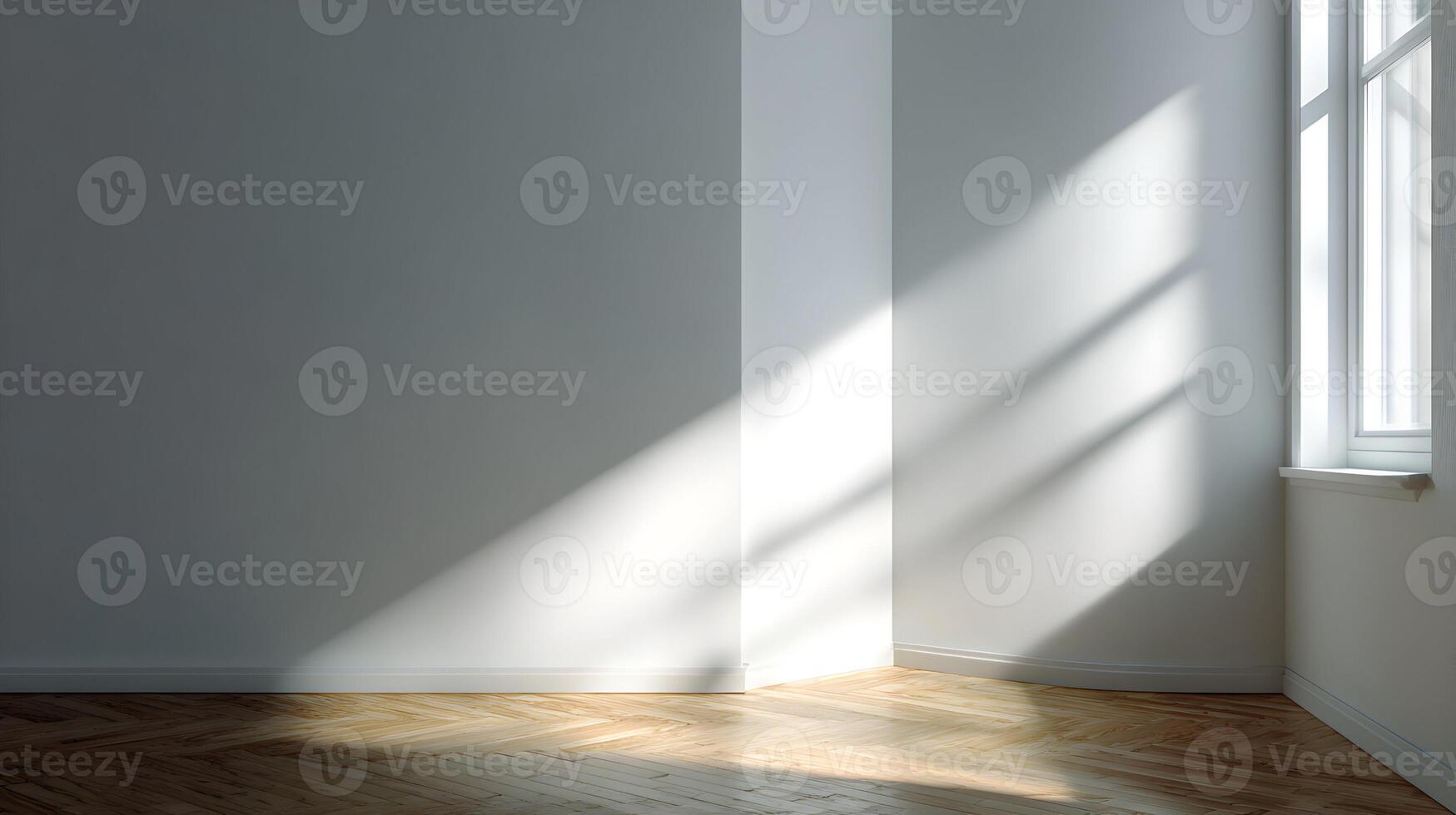 Bright sunlight illuminates a minimalist interior corner with white walls and a herringbone wood floor pattern photo