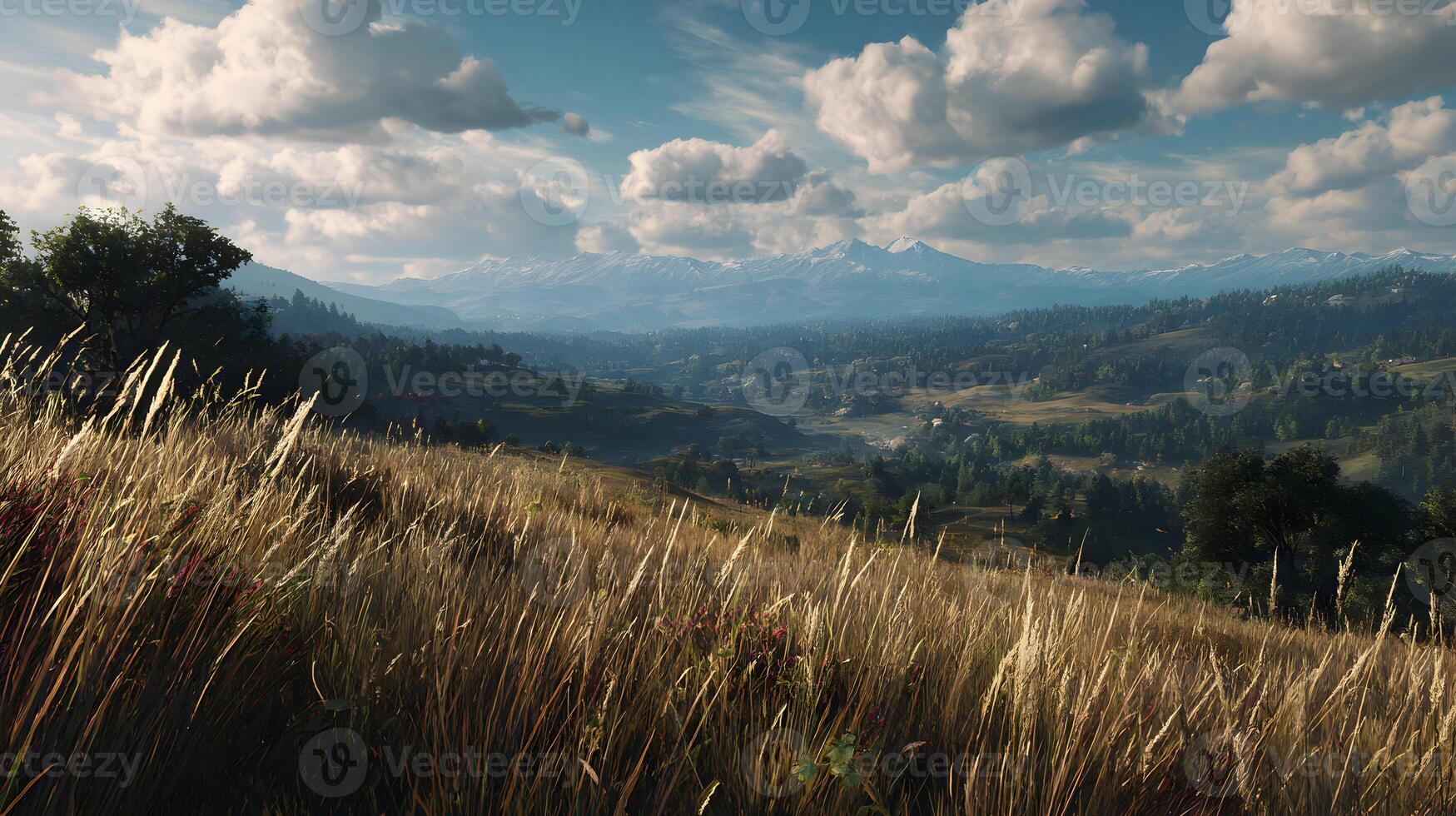 Golden grassland swaying gently in breeze against backdrop of rolling hills and majestic mountain range photo