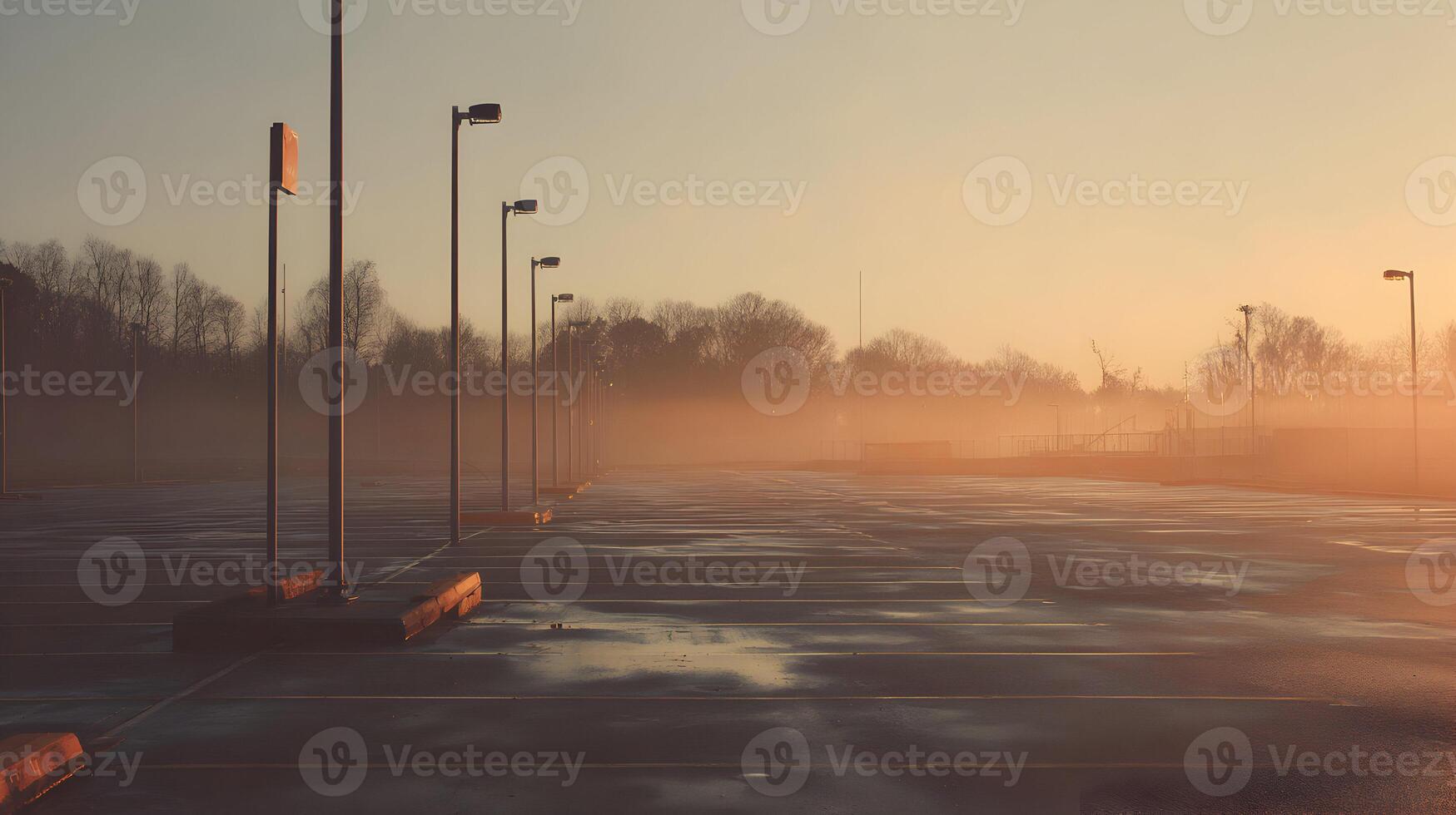 Empty parking lot with street lights shrouded in thick fog during a serene sunrise or sunset photo