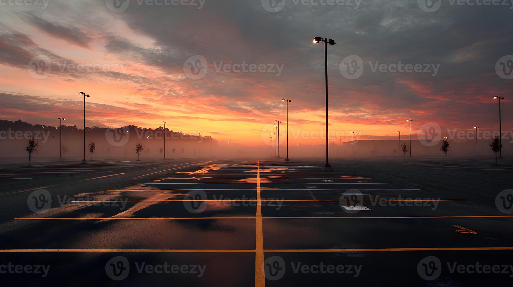 Tranquil dawn breaks over a solitary empty parking lot painted with golden sunrise colors photo