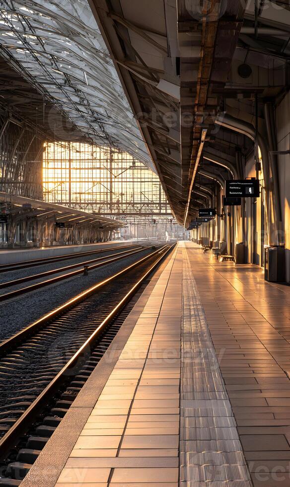 Railway station platform illuminated by golden sunlight creates a scene of tranquil expectation travel photo