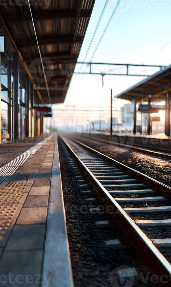 Railway journey beckons as the sun rises illuminating the platform and tracks promising travel adventure through serene mornings photo
