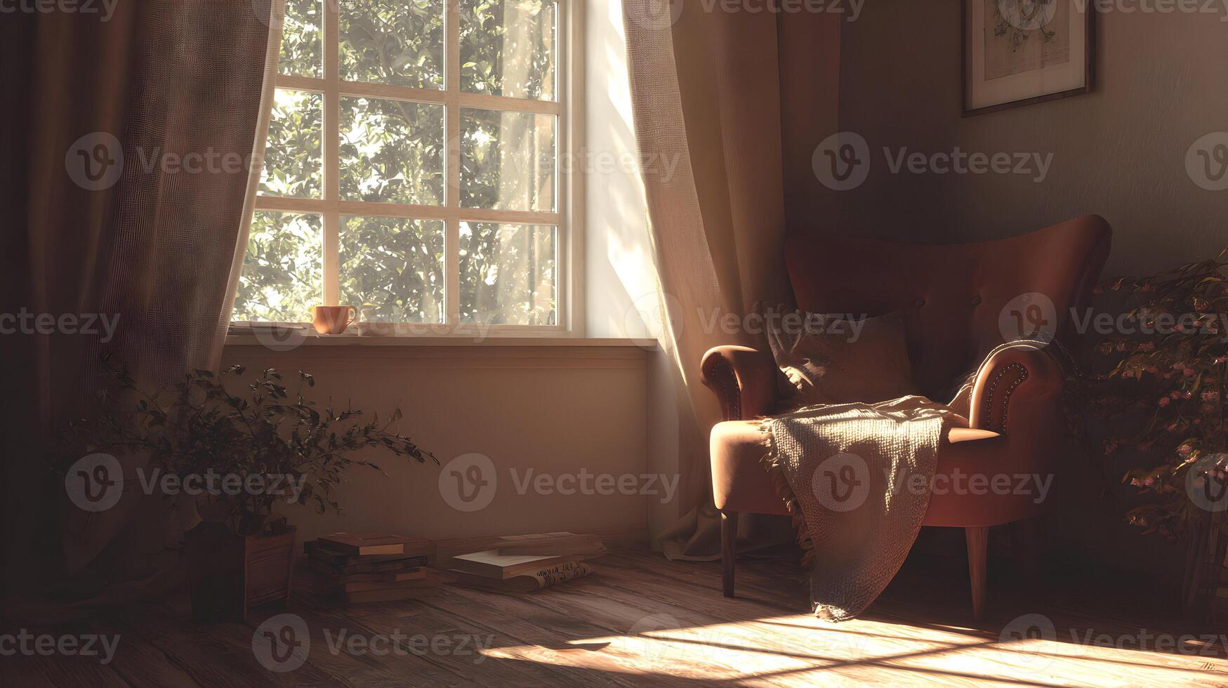 Cozy afternoon light filters through the window illuminating a relaxing reading nook with a vintage chair photo