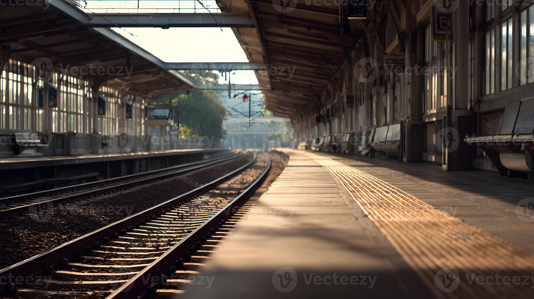 Early morning light bathes an empty train station ready for the days commuters on their travels photo