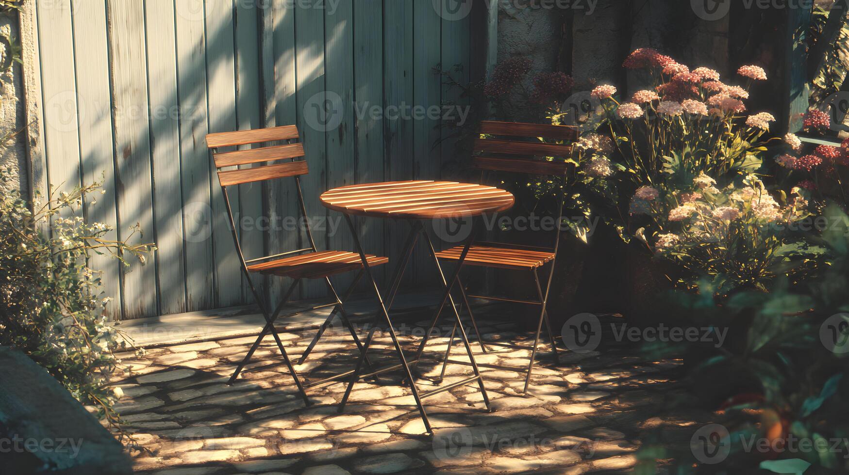 Charming outdoor bistro set nestled amidst lush greenery under the warm glow of dappled sunlight photo
