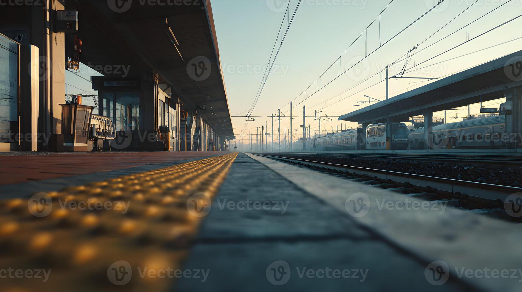 A contemplative early morning atmosphere at a railway station platform awaiting arrival or departure photo