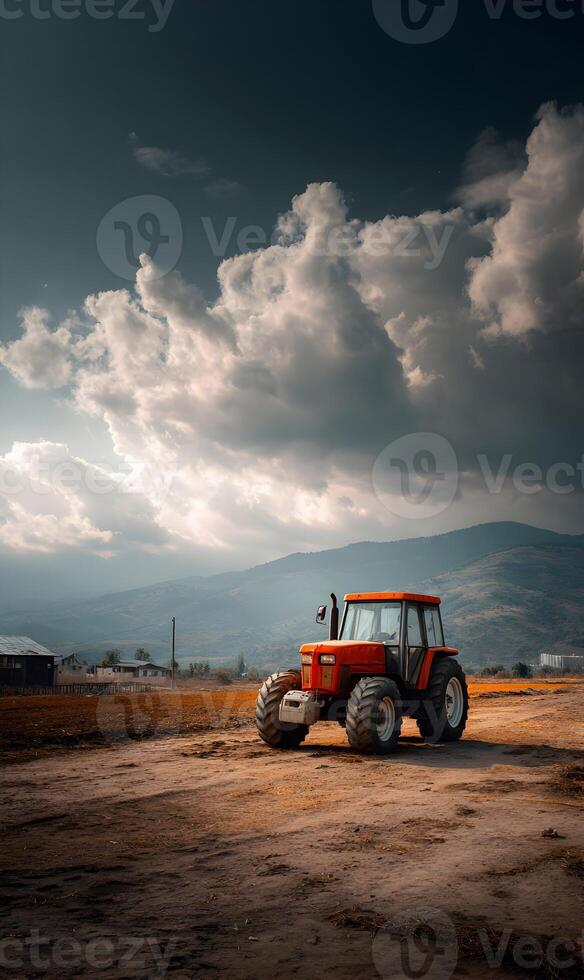 Red tractor standing in a vast field beneath a dynamic sky with dramatic cloud formations and distant mountains photo