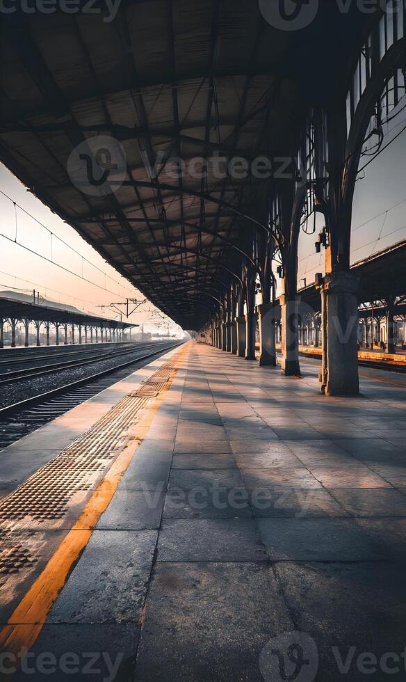 Empty train station platform at dusk with shadows stretching out along the concrete floor creating an eerie yet peaceful atmosphere photo