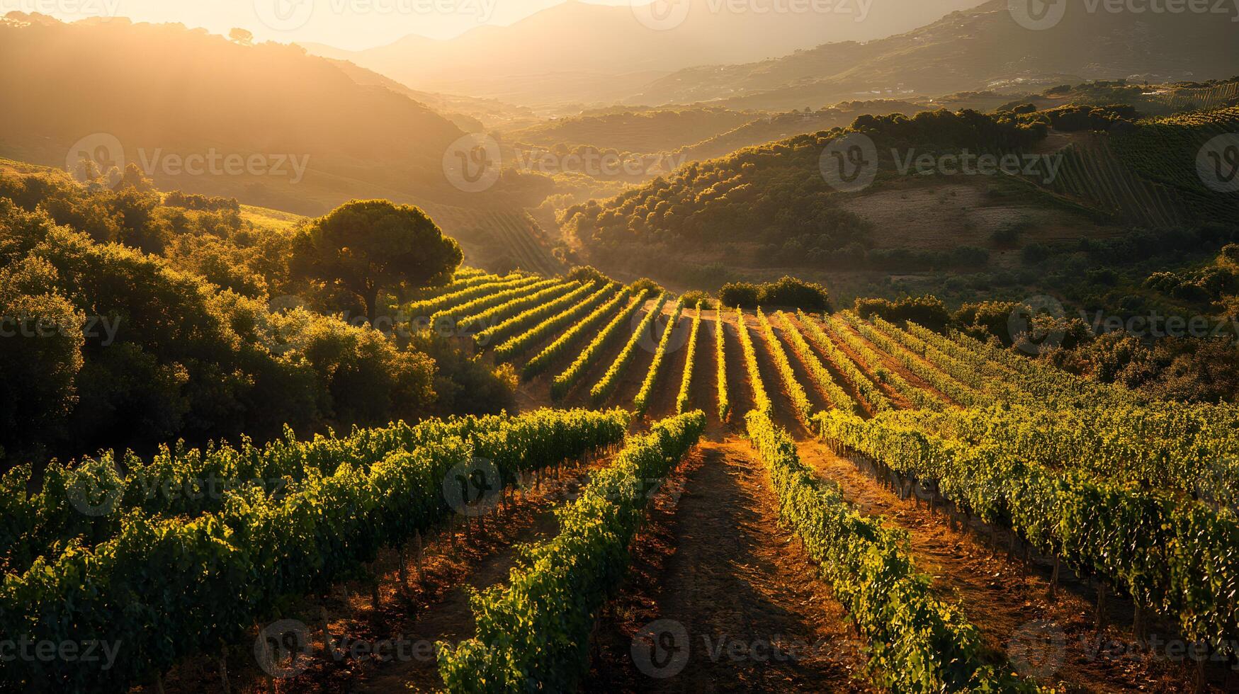 Vineyard landscape at golden hour with rows of grape vines illuminated by setting sun in hills photo