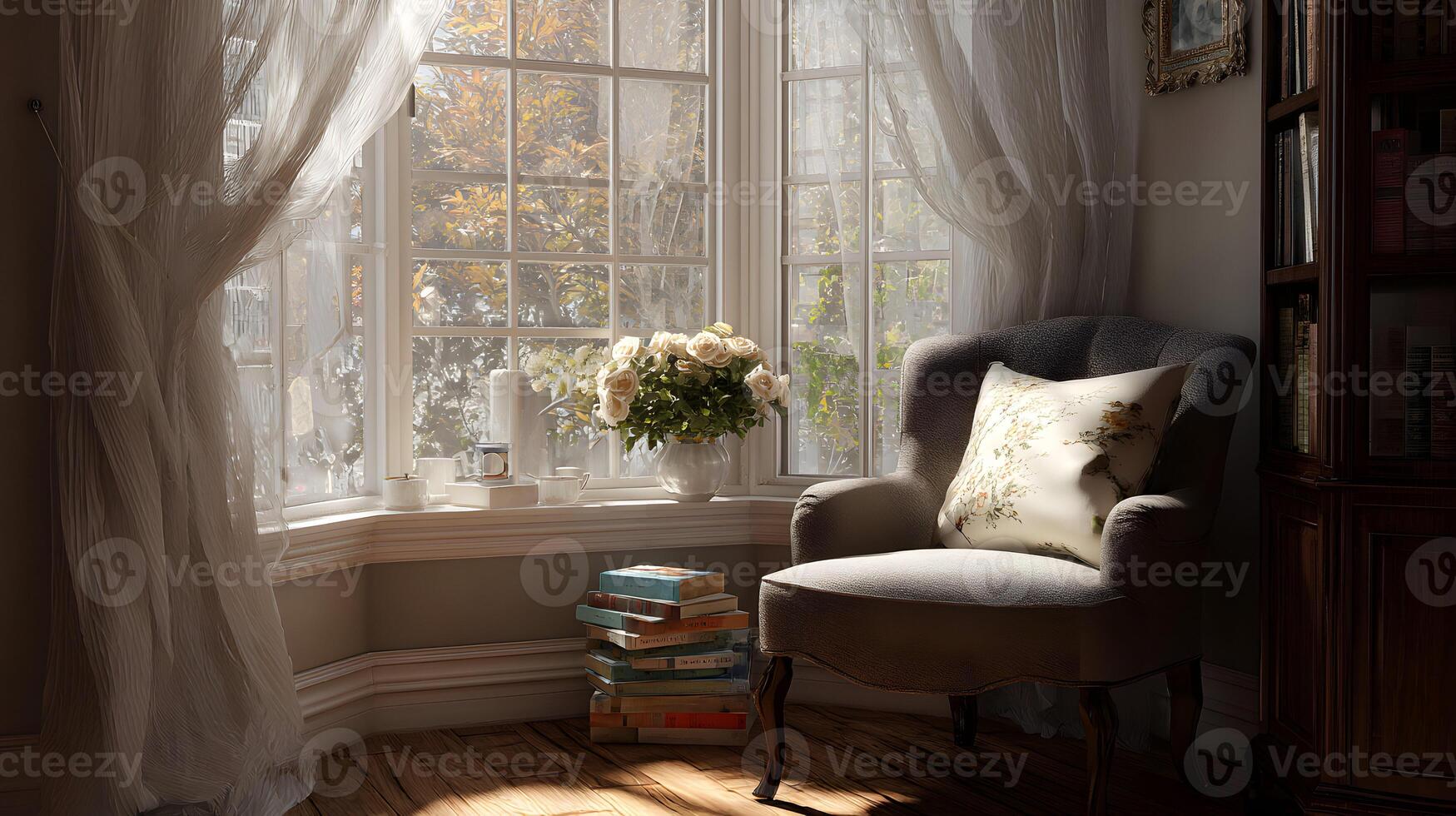 A cozy reading nook illuminated by natural light with a comfortable armchair and a stack of books photo