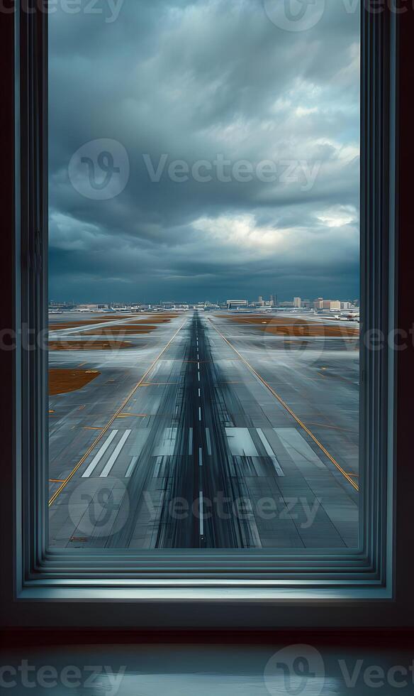 Airport Runway View From Window on Overcast Sky for Travel and Transportation Theme photo