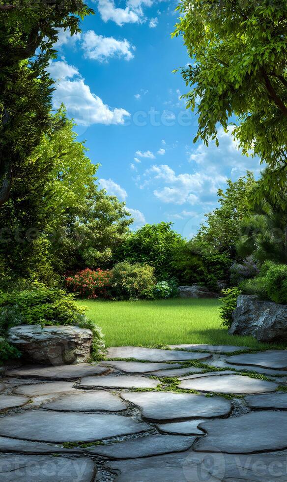 Lush backyard with a vibrant lawn under a blue sky with clouds surrounded by greenery photo