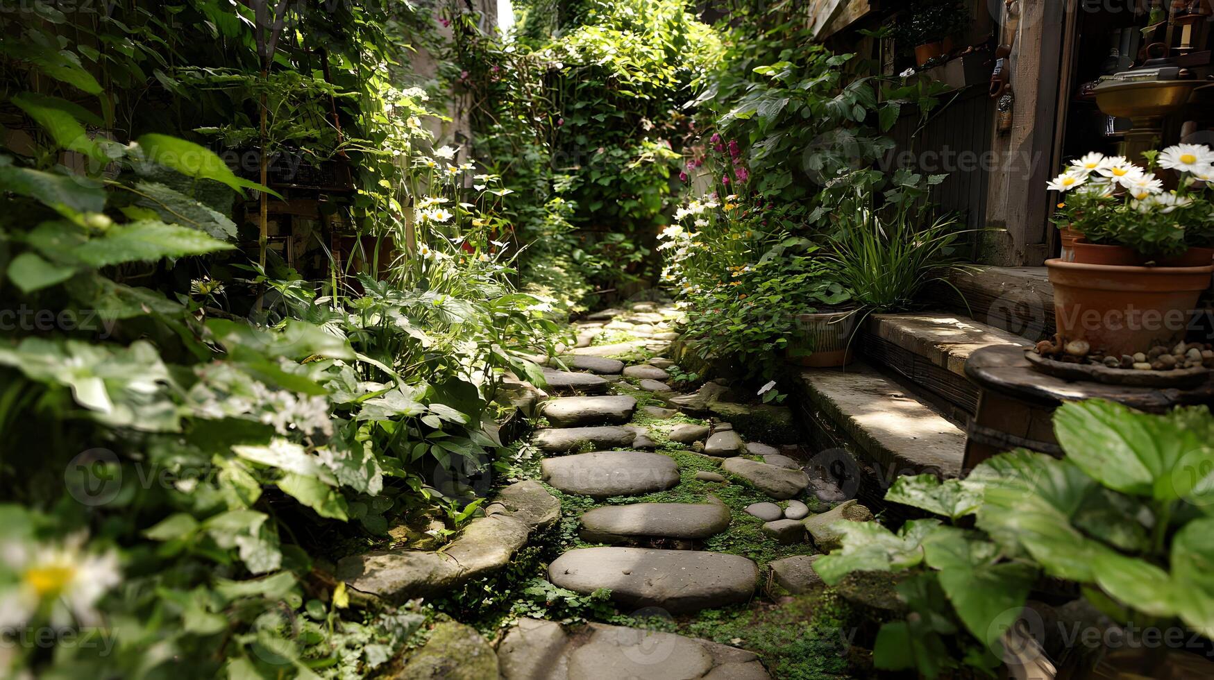Tranquil garden path with stone steps amid lush greenery and blooming flowers for peaceful scenery photo