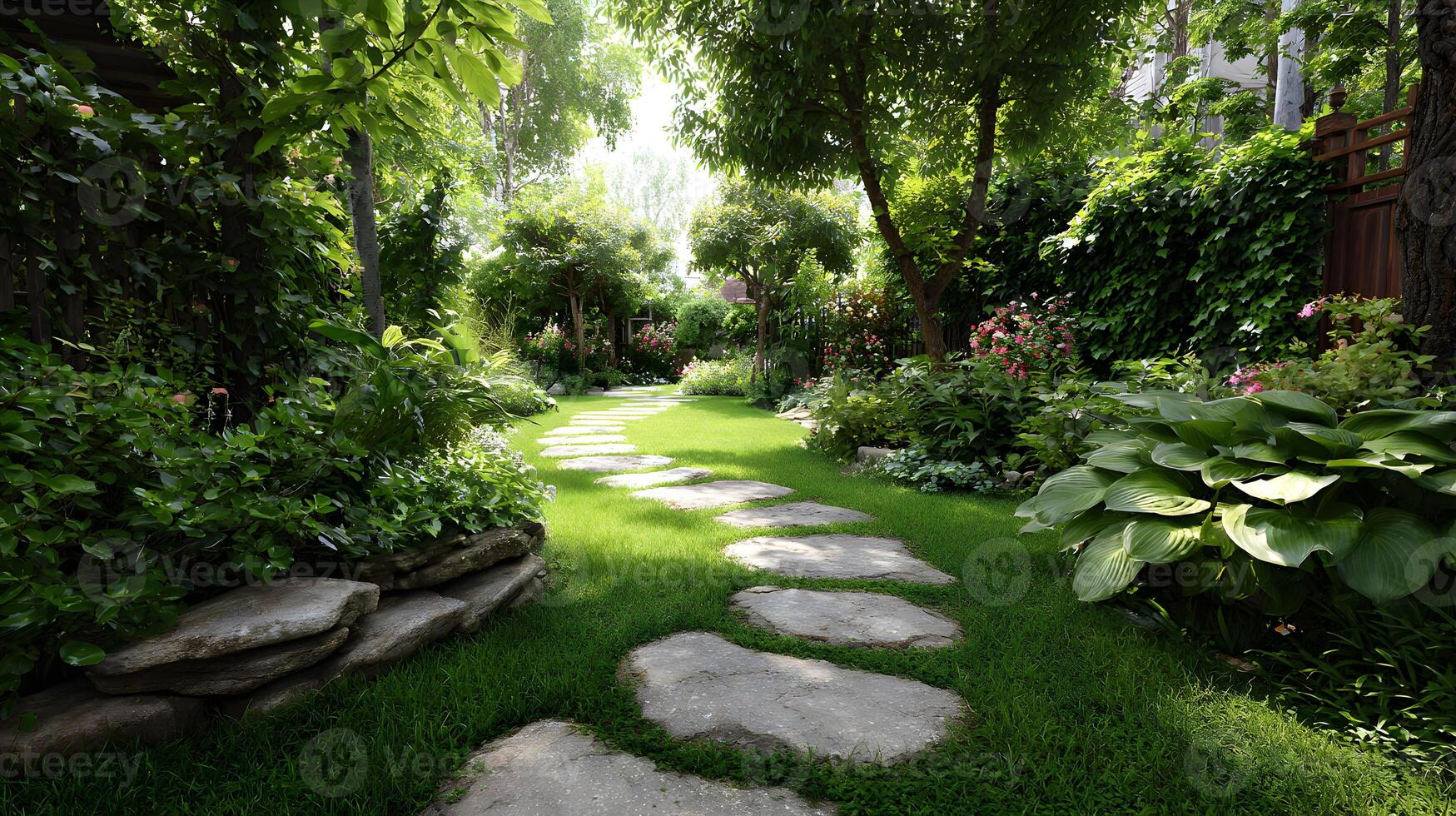 Serene backyard garden pathway with lush foliage and natural stonework design ideal for photo