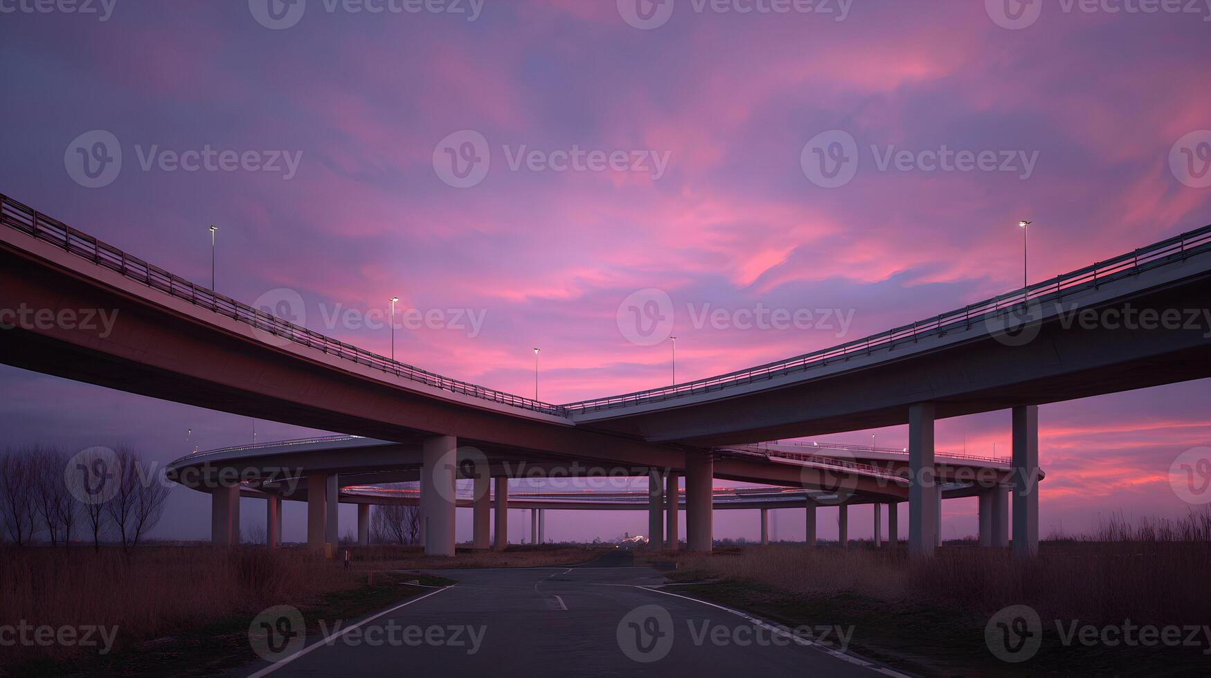 Elevated highway with winding ramps under a dramatic pink and purple sunset cloudscape vibrant photo